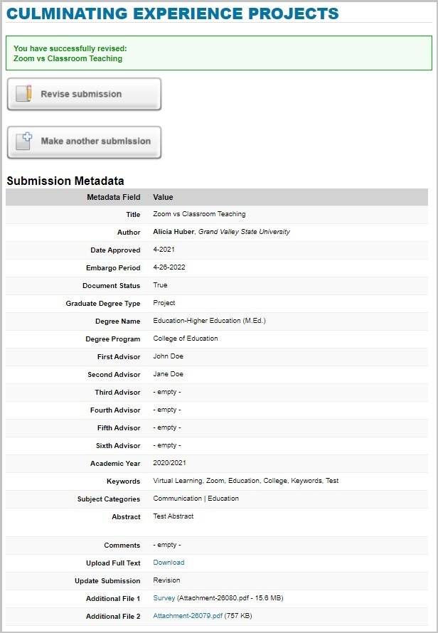 Screenshot of final submission metadata to review before submitting